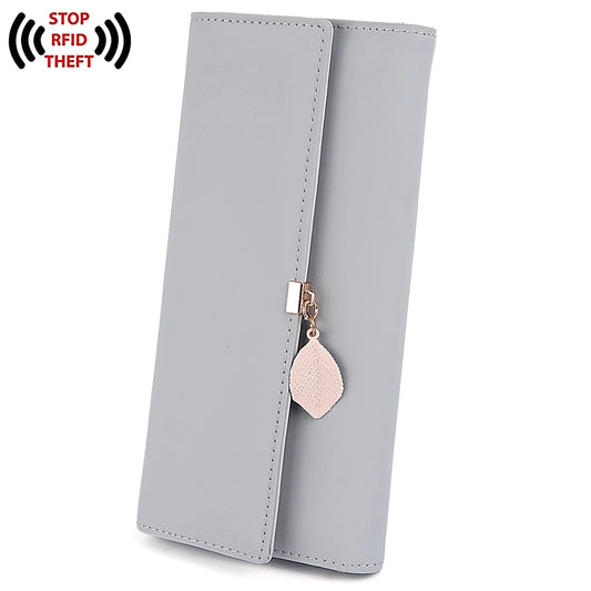 Womens Wallet PU Leather RFID Blocking Card Holder Elegant Zipper Coin Purse Leaf Pendant(Grey)