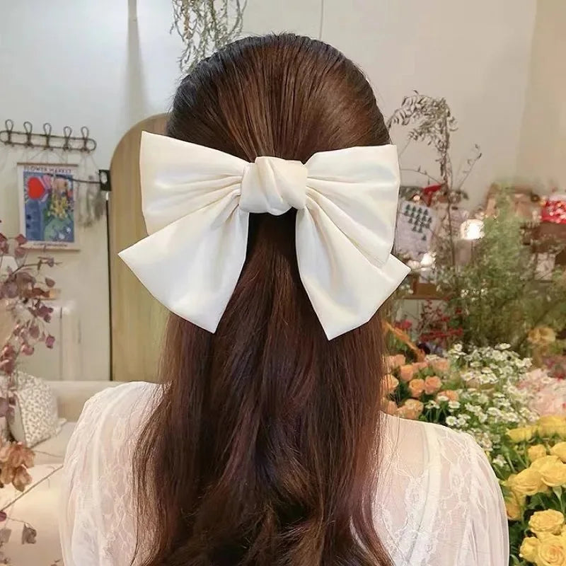 Elegant Bow Ribbon Hair Clip Fashion Simple Solid Satin Spring Clip Hair Pin Retro Headband with Clips Girls Hair Accessories