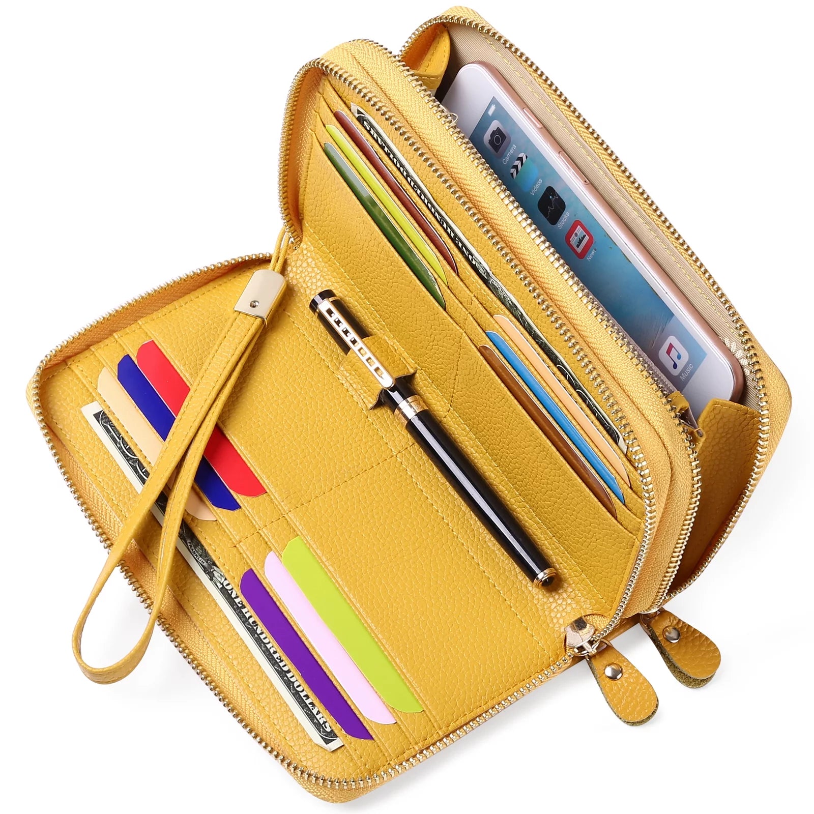 RFID Blocking Leather Zip Wallet for Women Credit Card Cluch Holder Phone Wristlet Wallet