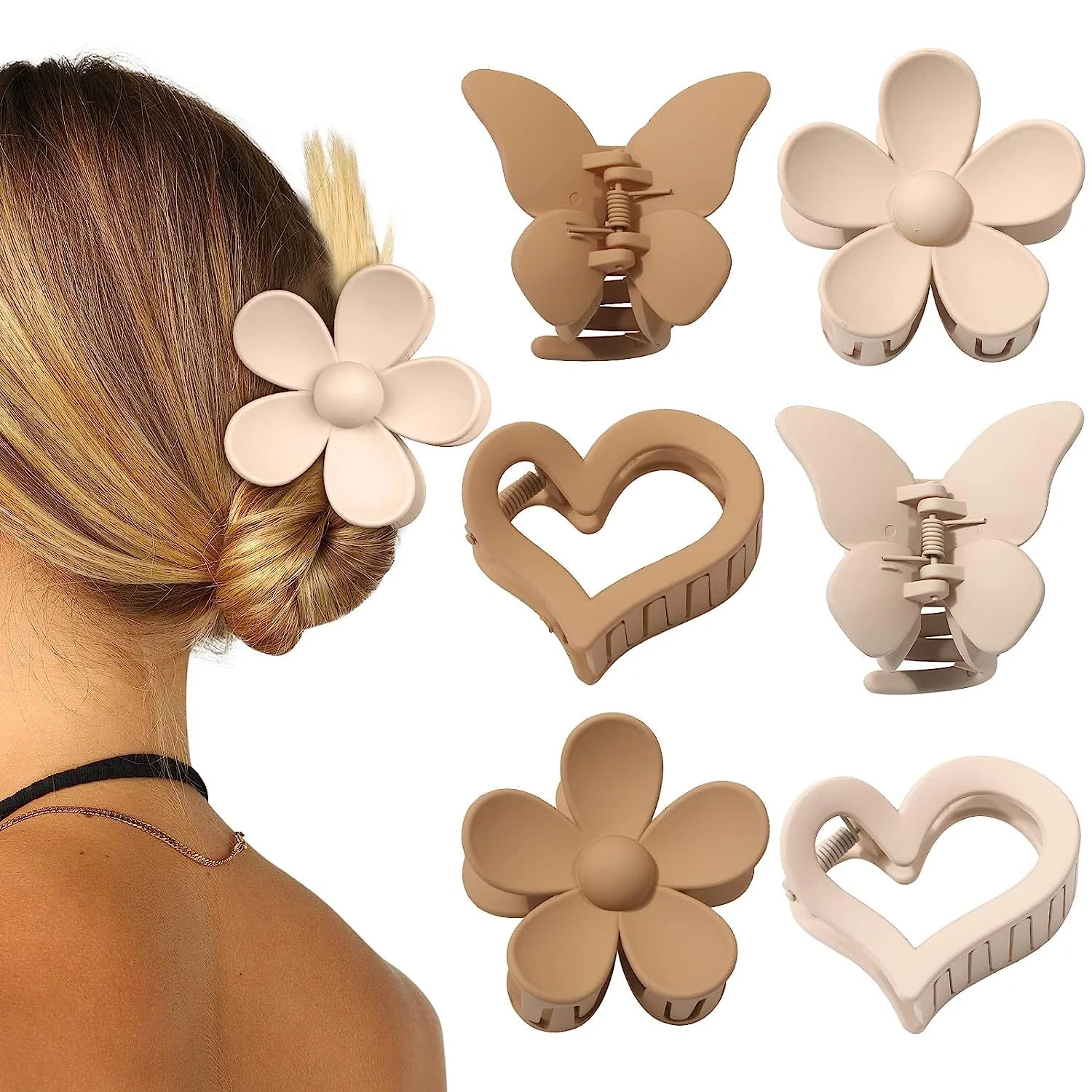 6 PCS Flower Hair Claw Clips - Matte Butterfly Hair Clips for Women Girls Non-Slip Strong Hold Hair Clips Heart Hair Claw Clips