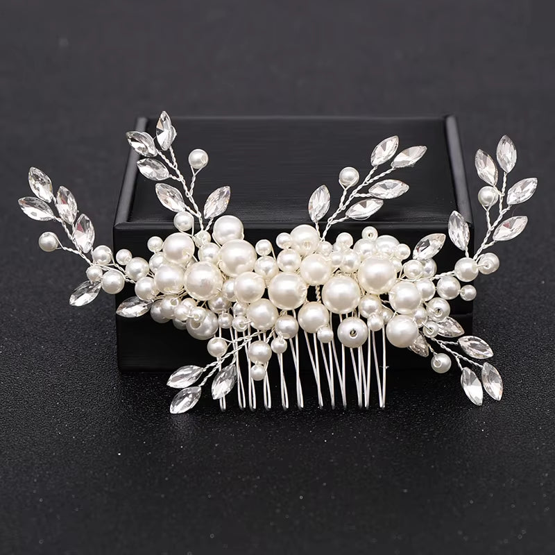 Silver Color Pearl Crystal Wedding Hair Combs Hair Accessories for Bridal Flower Headpiece Women Bride Hair Ornaments Jewelry