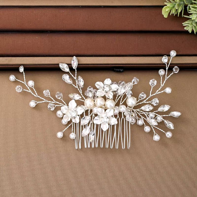 Silver Color Pearl Crystal Wedding Hair Combs Hair Accessories for Bridal Flower Headpiece Women Bride Hair Ornaments Jewelry