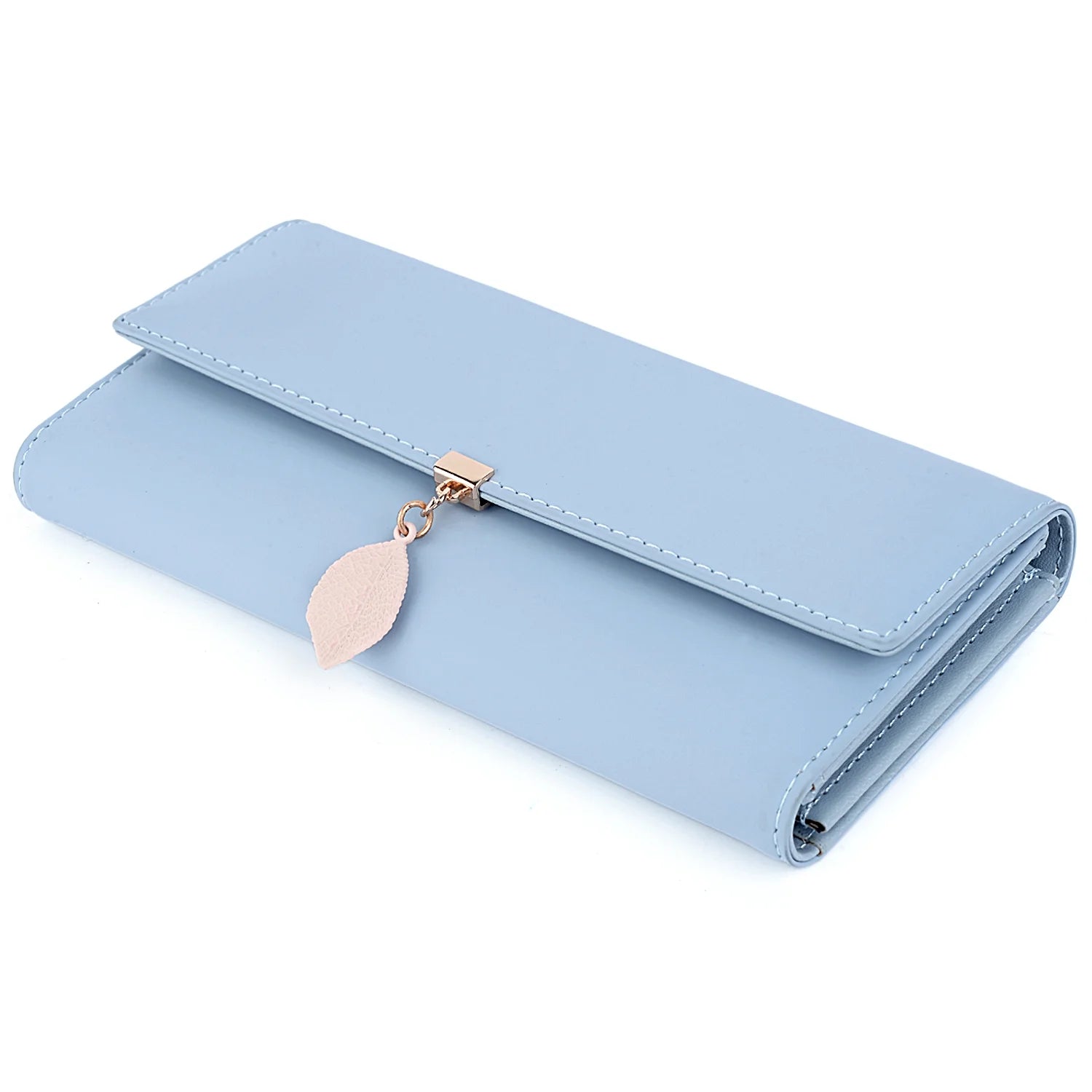 Womens Wallet PU Leather RFID Blocking Card Holder Elegant Zipper Coin Purse Leaf Pendant(Sky Blue)