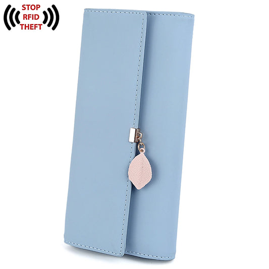 Womens Wallet PU Leather RFID Blocking Card Holder Elegant Zipper Coin Purse Leaf Pendant(Sky Blue)