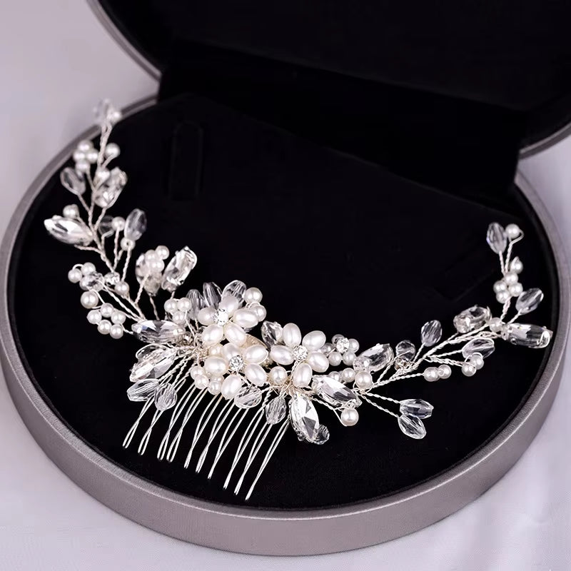 Silver Color Pearl Crystal Wedding Hair Combs Hair Accessories for Bridal Flower Headpiece Women Bride Hair Ornaments Jewelry