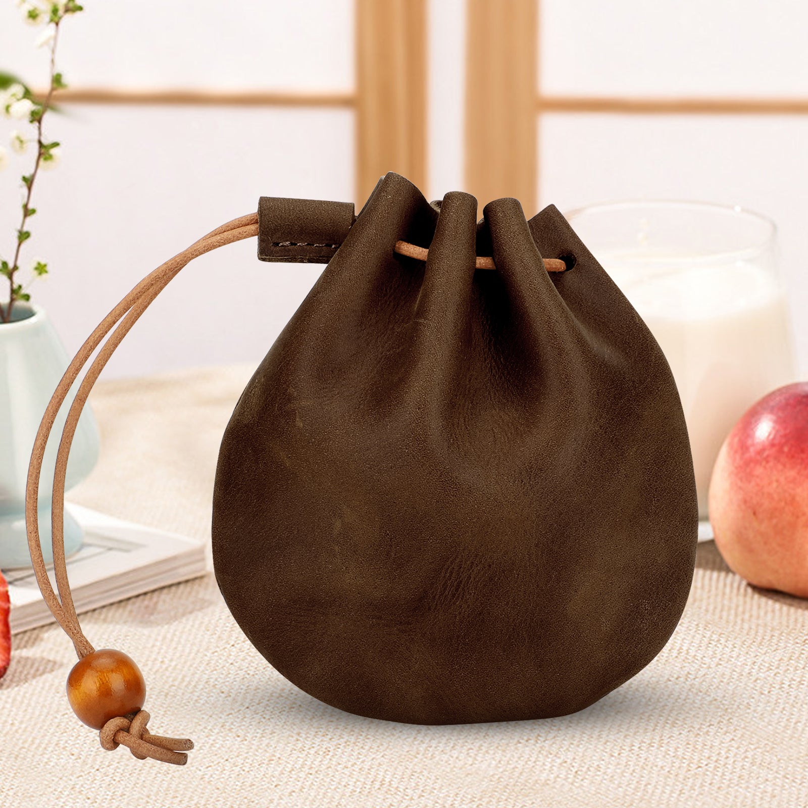 Leather Wallet Coin Pouch Case Drawstring String Bag Small Purse for Men Women