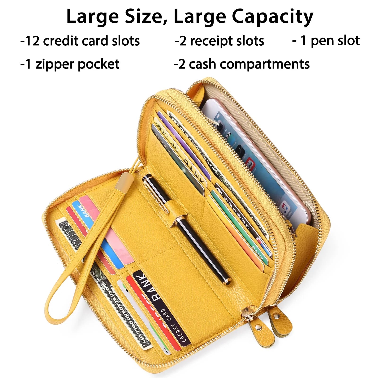 RFID Blocking Leather Zip Wallet for Women Credit Card Cluch Holder Phone Wristlet Wallet