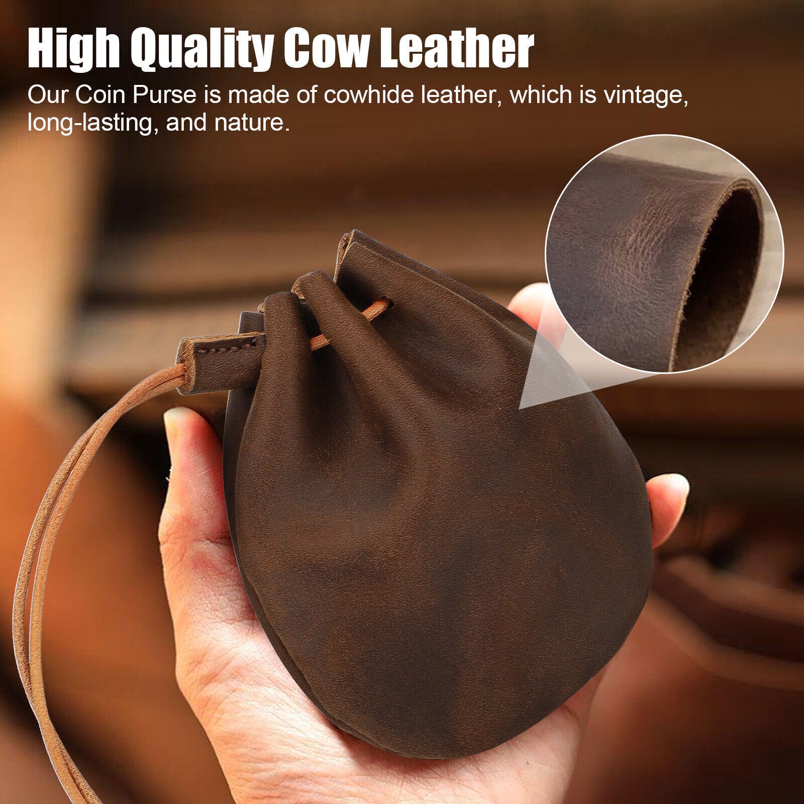 Leather Wallet Coin Pouch Case Drawstring String Bag Small Purse for Men Women