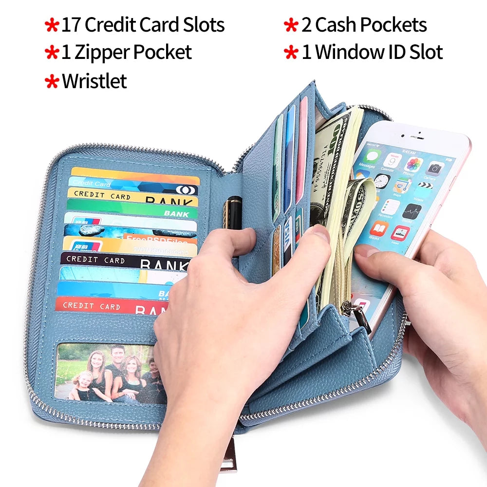 Women Leather Wallets RFID Blocking Zip around Credit Card Holder Phone Clutch